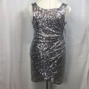 🤍 Bisou Bisou Sparkling Silver Sequined Ruched Popover Mini Dress Sz.14